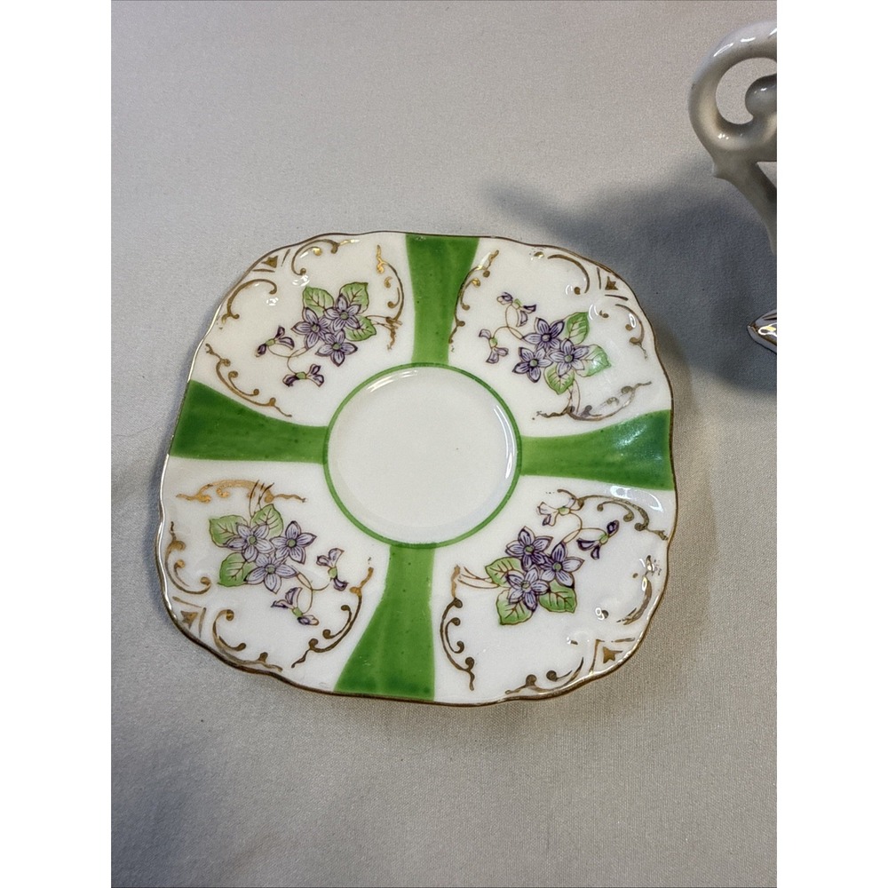 Vtg Hand Painted Japan Demitasse Cup Saucer Footed Green Gold Purple Floral - Picture 2 of 8